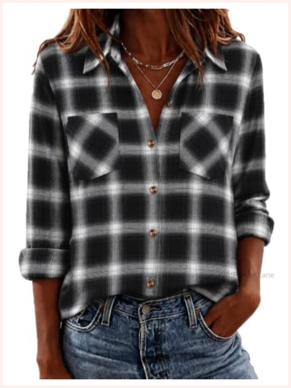 Womens Flannel Plaid Button Down Shirt Long Sleeve Work Blouse